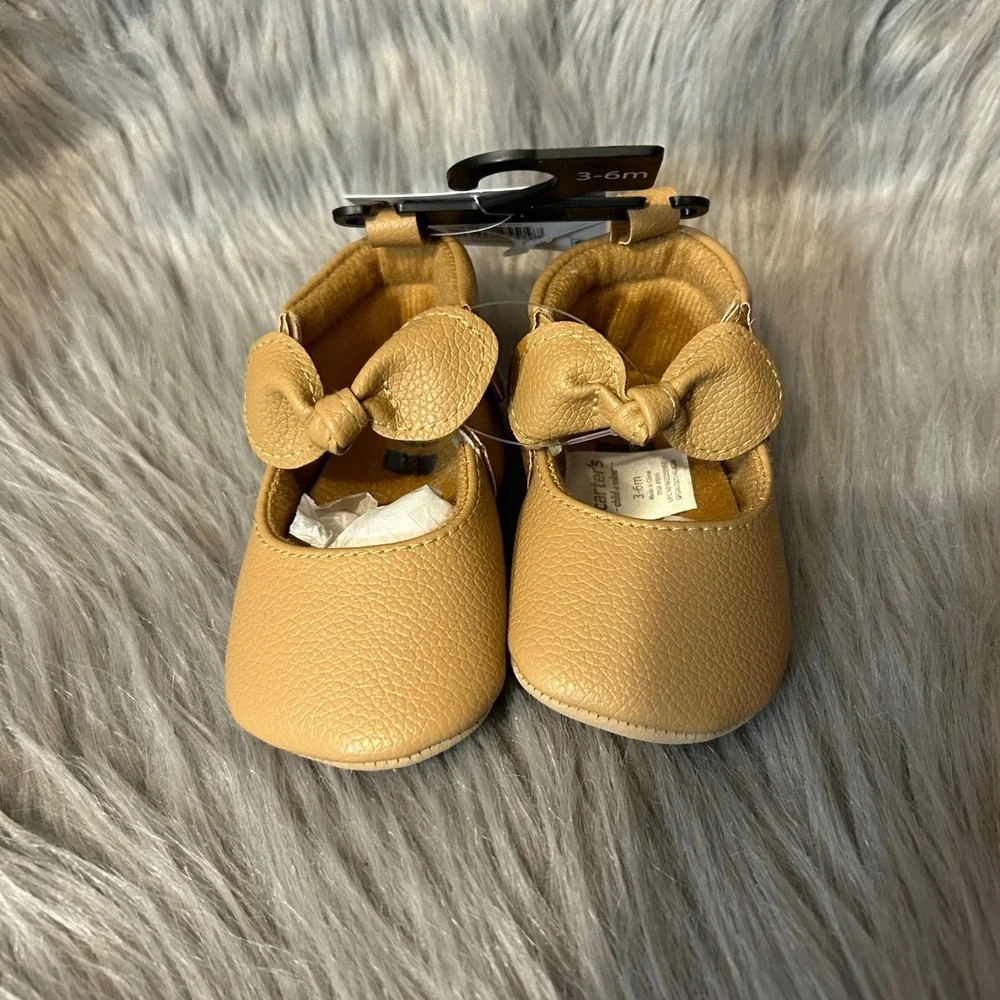 Carter's Child Of Mine Crib Shoes Baby Size‎ 3-6 Months Brown Bow Shoes NWT